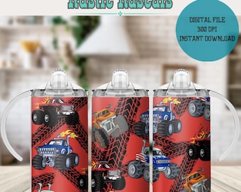 Boys Monster Truck 12oz Kids Flip Top Sippy Cup Tumbler Wrap, 12oz Straight Tumbler Sublimation PNG, Childrens Trucks Tumbler Wrap Design