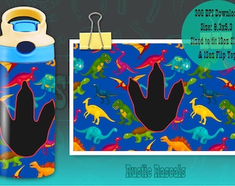 Boys Dinosaur 12oz Kids Flip Top Sippy Cup Tumbler Wrap, 12oz Straight Tumbler Sublimation PNG, Childrens Dinosaur Tumbler Wrap Design PNG