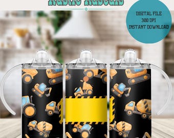 Kid's Construction 12oz Sippy Cup Flip Top Sublimation Design Digital Download 12oz Tumbler Wrap PNG Cute Sippy Cup Wrap, Kids Water Bottle