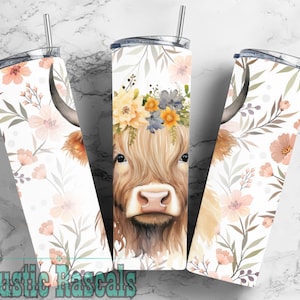 Boho Floral Highland Cow 20oz Sublimation Tumbler Wrap PNG, 20oz Straight Cow Tumbler Design, Highland Cow Cup Wrap, Cow Tumbler Digital
