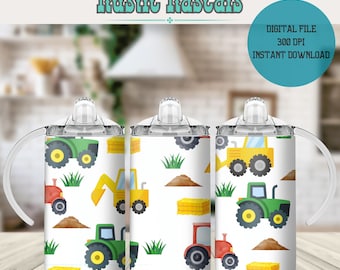 Ragazzi Verde Giallo Rosso Trattore Bulldozer 12oz Sippy Cup Wrap File di sublimazione digitale PNG Download Escavatore, Fattoria, Macchina pesante, Tazza per bambini