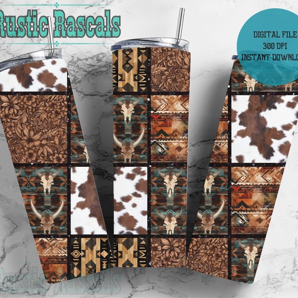 Western Block Pattern 20oz Sublimation Tumbler Wrap Digital File PNG Download. Tooled leather, Cow print, Steer Skull, Aztec, Southwestern