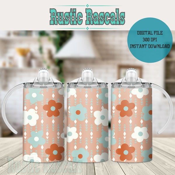 Girls Boho Retro Vintage Flower12oz Sippy Cup Wrap Digital Sublimation File PNG Download Minimalist, Floral, Spring, Light, Neutral Kids Cup