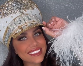 The ‘JOJO’ Crystal Bride Hat with white sequins & Clear/Gold rhinestone details. Hen Party Hat | Birthday Hat | Captains Hat | Festival Hat