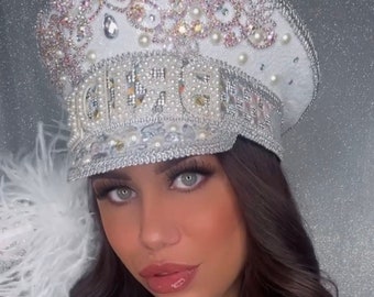 The ‘EVIE’ Crystal Bride Hat with white sequins & AB rhinestone details. Hen Party Hat | Birthday Hat | Captains Hat | Festival Hat