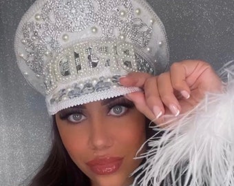 The ‘Zoe’ Crystal Bride Hat with white sequins clear rhinestone & pearl details. Hen Party Hat | Birthday Hat | Captains Hat | Festival Hat