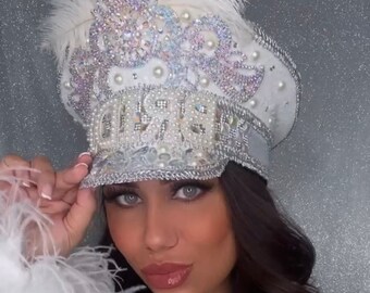 The 'LEAH' Feathered Bride Hat with white sequins, AB rhinestones & pearl details. Hen Party Hat | Captains Hat | Birthday Hat |Festival Hat