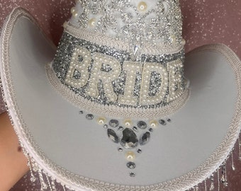 The Crystal Bride Cowgirl hat with clear rhinestone, pearl & crystal fringing detail. Hen Hat | Birthday Hat | Cowgirl Hat | Cowboy Hat