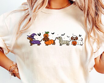 Chemise teckel, T-shirt teckel d'Halloween, t-shirt fantasmagorique fantôme d'Halloween, cadeau effrayant pour amoureux des chiens, sweat-shirt d'Halloween mignon chiens fantômes