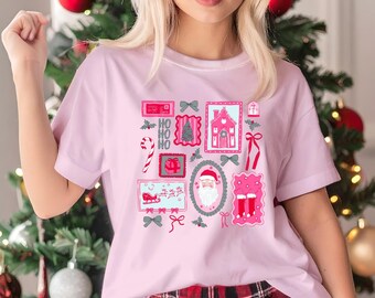 Coquette Bow Christmas Shirt, Girly Christmas Sweatshirt, Women Pink Christmas Shirt, Pink Bow Santa T-Shirt, Holiday Shirt for Women