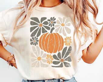 Flowers Pumpkin Shirt, Flower Fall Sweatshirt, Retro Pumpkin Shirt, Halloween Shirts For Women, Autumn Clothing Gifts, Fall Pumpkin Shirt