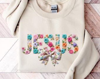 Faux Yarn Jesus Sweatshirt, Floral Christian Shirt, Boho Retro Floral Religious T-Shirt, Pray T-Shirt, Jesus Shirt, Floral Easter Tee
