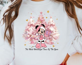 Minnie Mouse Christmas Shirt, Christmas Pink Tree Sweatshirt, Minnie Xmas T-Shirt, Christmas Party Shirt, Disneyland Pink Christmas Tree Tee