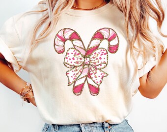 Candy Cane Christmas Sweatshirt, Christmas Bow Shirts, Pink Christmas Sweater, Candy Cane Christmas T-Shirt, Christmas Gift For Girls