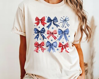 4th of July Bows Shirt, Coquette 4th of July Shirt, American Flag Shirt, Trendy Summer Shirts, USA Shirt, Coquette Bow Shirt, Women's Shirt