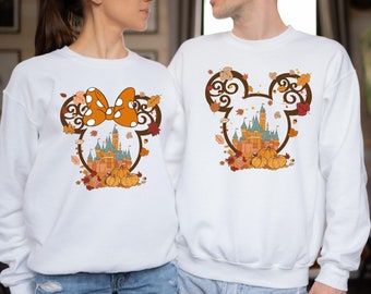 Cute Disney Castle Thanksgiving Couple Shirt, Pumpkin Matching Tee, Disney Fall Vibes Family Matching Tee, Mickey And Minnie Halloween Shirt