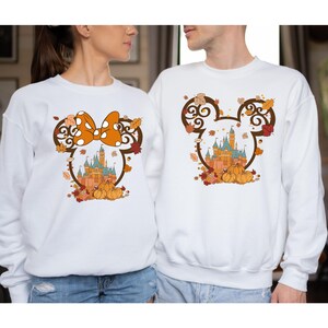 Cute Disney Castle Thanksgiving Couple Shirt, Pumpkin Matching Tee, Disney Fall Vibes Family Matching Tee, Mickey And Minnie Halloween Shirt