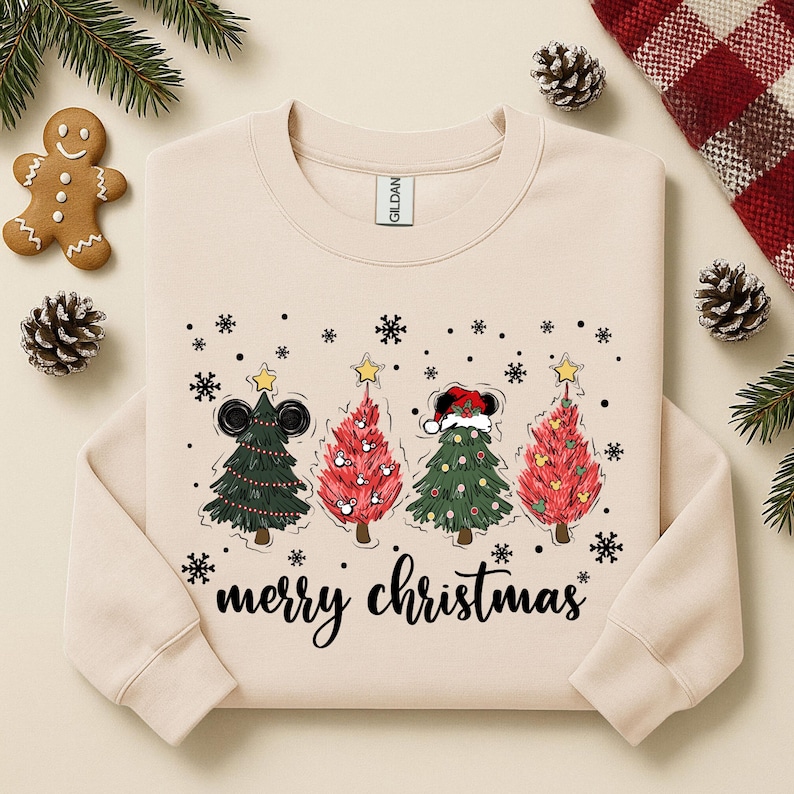 May include: Beige sweatshirt with a festive design featuring four Christmas trees with Mickey Mouse ears and Santa hats. The words "merry christmas" are written in a script font below the trees. Snowflakes and stars complete the holiday theme.