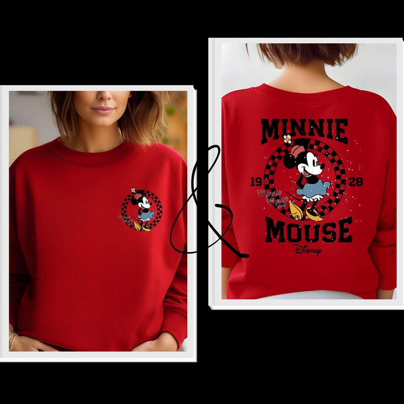 May include: Red sweatshirt with a black and white checkered circle featuring Minnie Mouse in a red dress and white polka dots. The text "Minnie Mouse" is printed in black on the back of the sweatshirt with the years "1928" and "1928" on either side of the text. The text "Disney" is printed in white below the text "Minnie Mouse".