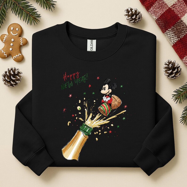May include: Black sweatshirt featuring Mickey Mouse celebrating the New Year with a champagne bottle. The text "Happy New Year!" is in green and red. A festive holiday garment.
