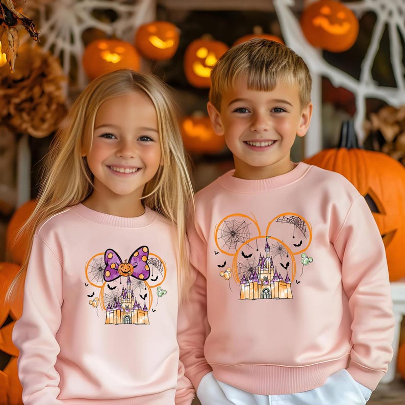 May include: Two children wearing matching light pink sweatshirts. Each sweatshirt features a Halloween-themed design with a castle, spiderwebs, bats, and a Mickey Mouse head shape. The girl's sweatshirt has a purple bow.