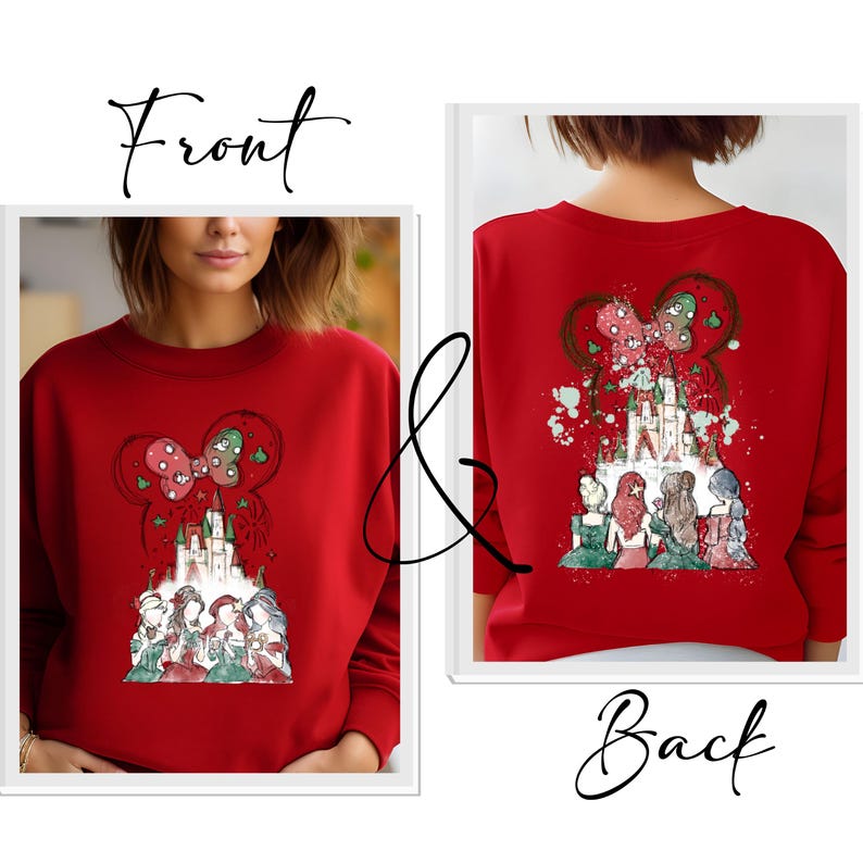 May include: Red sweatshirt featuring a festive design with a castle and characters. The front has a Mickey Mouse-shaped design with a castle and characters. The back of the sweatshirt also has a similar design. The words "Front" and "Back" are written on the image.