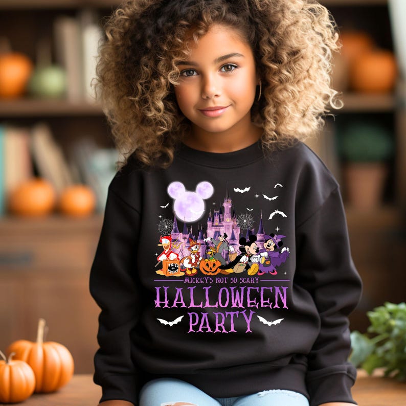 Puede incluir: Sudadera negra con un gr&aacute;fico morado y blanco de Mickey Mouse y sus amigos celebrando Halloween en Disney World. El texto en la sudadera dice "Mickey's Not So Scary Halloween Party."