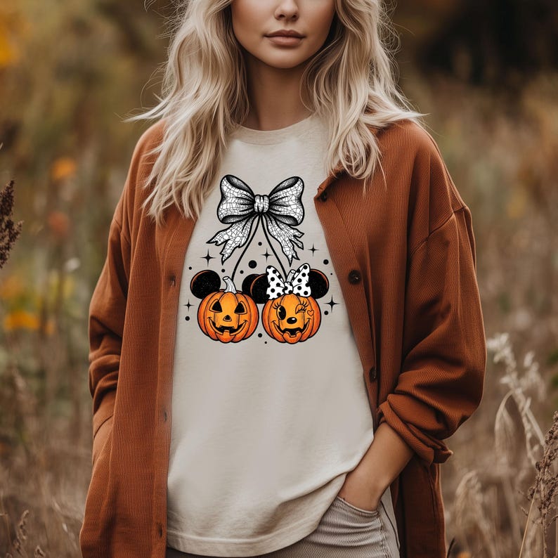 May include: Beige t-shirt featuring a Halloween design. The graphic includes two orange pumpkins with Mickey Mouse ears, a black and white bow, and stars. The pumpkins have smiling faces, one winking, and are connected to the bow.