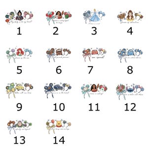 May include: Fourteen illustrations featuring Disney characters and quotes. Each design includes a character image, mouse ears, and a quote. The designs are numbered 1 to 14 and feature characters like Mulan, Cinderella, and Ariel. The quotes are in English.