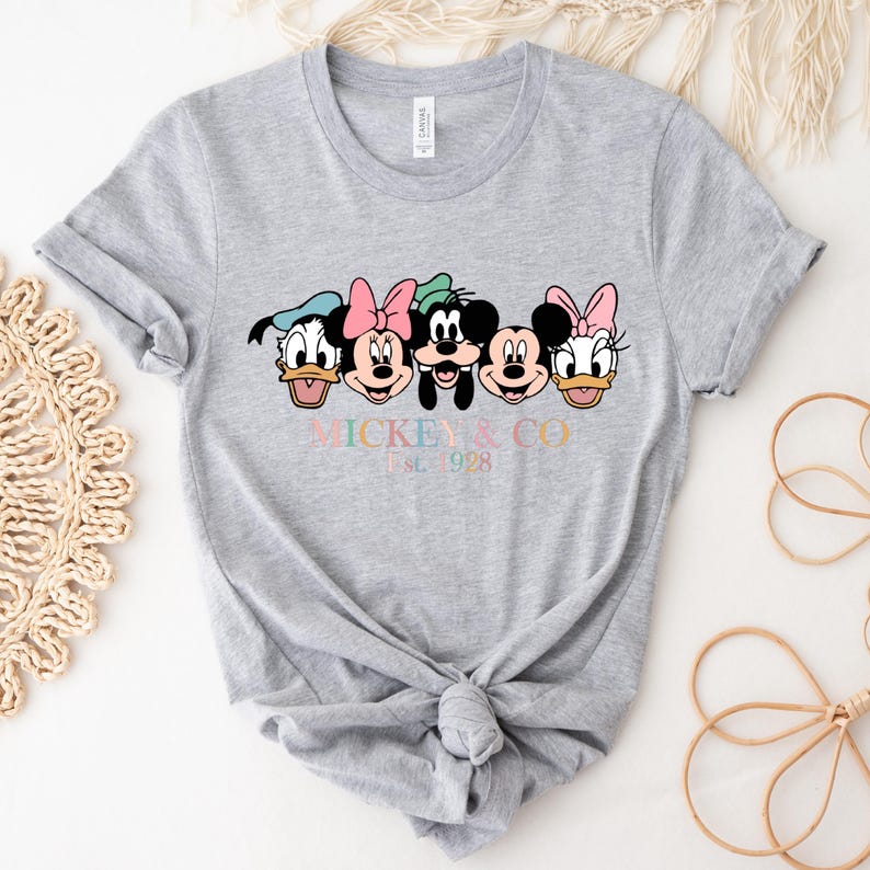 May include: Gray t-shirt with a graphic of Mickey Mouse, Minnie Mouse, Donald Duck, Goofy, and Pluto. The text "Mickey & Co. Est. 1928" is printed below the characters.