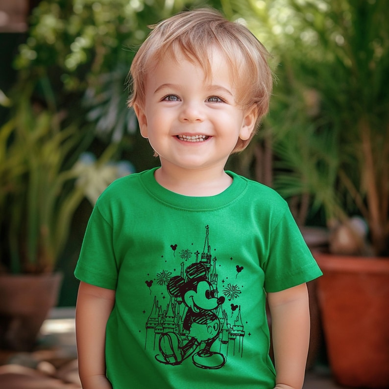 May include: A young child wearing a green t-shirt with a black and white illustration of Mickey Mouse in front of Cinderella's Castle. The illustration also includes fireworks and hearts.