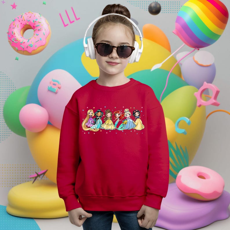 Peut inclure: Sweat-shirt rouge avec un motif de sept princesses Disney dans leurs robes embl&eacute;matiques. Les princesses sont align&eacute;es en rang et sourient toutes. Le sweat-shirt a des manches longues et un col rond.