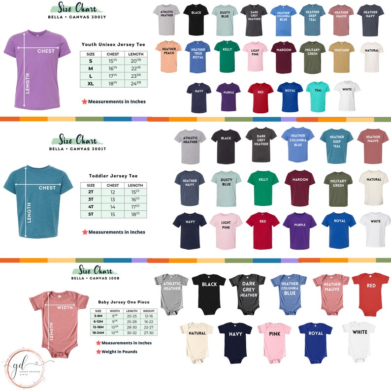 Op de afbeelding: Maattabel voor Bella + Canvas jeugd-, peuter- en baby-jersey T-shirts. De tabel toont de verschillende maten die beschikbaar zijn voor elk type shirt, samen met de bijbehorende borst- en lengtematen in inches. De tabel bevat ook een kleurenkaart met verschillende kleuren die beschikbaar zijn voor elk type shirt.