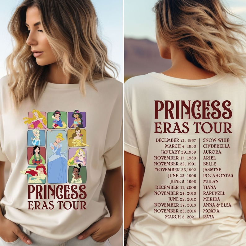 以下が含まれることがあります： カラフルな正方形の中にディズニーのプリンセスが描かれた白いTシャツ。Tシャツの後ろには、ディズニーのプリンセスとそのデビュー日がリストされています。テキストには「プリンセス・エラス・ツアー」と書いてあります。