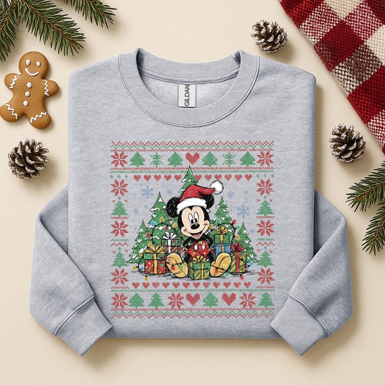 May include: A light gray sweatshirt featuring a Christmas-themed design. The design includes Mickey Mouse wearing a Santa hat, surrounded by Christmas trees and wrapped gifts. The sweatshirt has a crew neck and long sleeves.