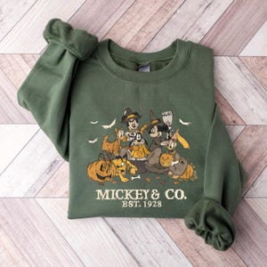 Pode incluir: Camisola verde com um design de Halloween com Mickey Mouse, Minnie, Pateta, Pato Donald e Pluto. O design inclui ab&oacute;boras, morcegos e o texto "Mickey & Co. Est. 1928". A camisola tem mangas compridas e gola redonda.