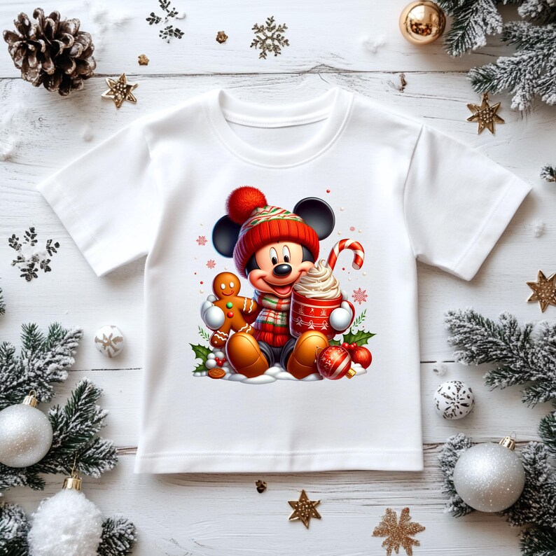 May include: White t-shirt with a Christmas-themed design featuring Mickey Mouse wearing a red and white Santa hat, holding a cup of hot chocolate and a gingerbread man.