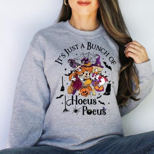 May include: A gray sweatshirt with a graphic of Mickey Mouse, Donald Duck, and Goofy dressed as witches. The text "It's Just A Bunch Of Hocus Pocus" is printed on the sweatshirt.