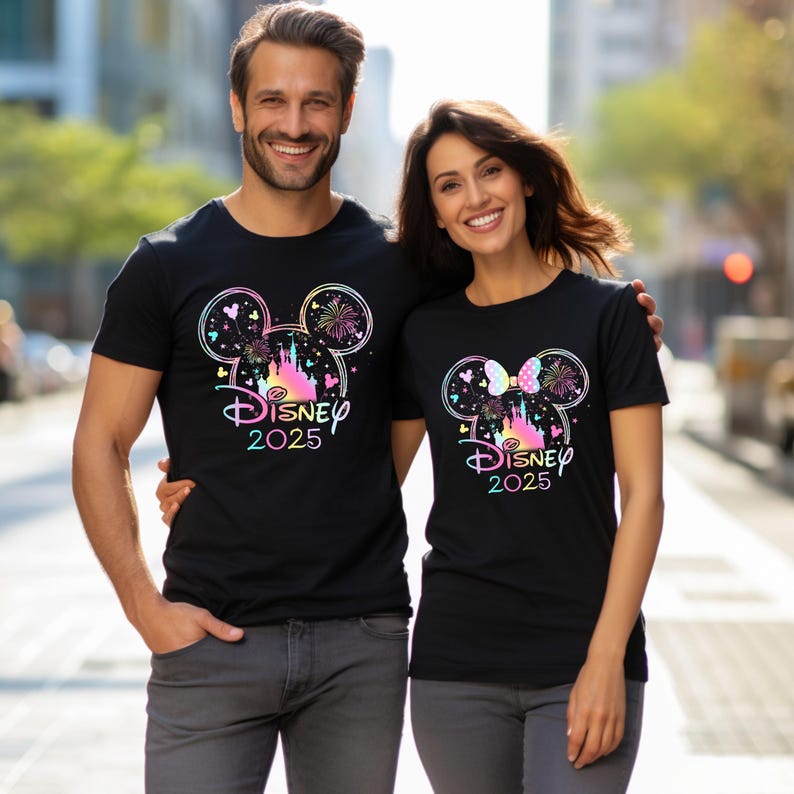 May include: Two black t-shirts with a colorful graphic of the Disney castle and Mickey Mouse ears. The text "Disney 2025" is printed on the shirts.