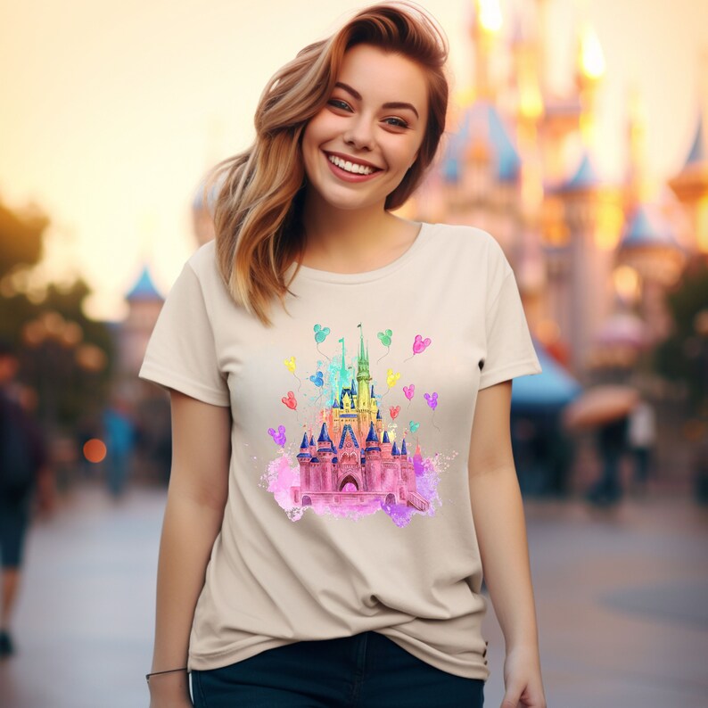 May include: A light beige t-shirt with a watercolor illustration of Cinderella's castle with rainbow colors and Mickey Mouse balloons.