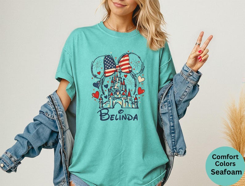 Comfort Colors® Custom Name Minnie 4th of July Shirt, Disney American Flag shirt, Magic Castle 4th of July shirt, USA 250th Anniversary Tee image 4