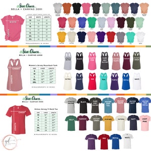 Op de afbeelding: Maattabel voor Bella + Canvas T-shirts, tanktops en V-hals T-shirts. De tabel toont de afmetingen in inches voor verschillende maten, waaronder XS, S, M, L, XL, 2XL en 3XL. De tabel bevat ook een verscheidenheid aan kleuren voor elke stijl van shirt.