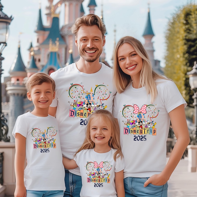 May include: A family of four wearing white t-shirts with a colorful Disney character design and the text "Disney Trip 2025". The shirts feature Mickey Mouse ears and a Ferris wheel. The family is standing in front of a castle.