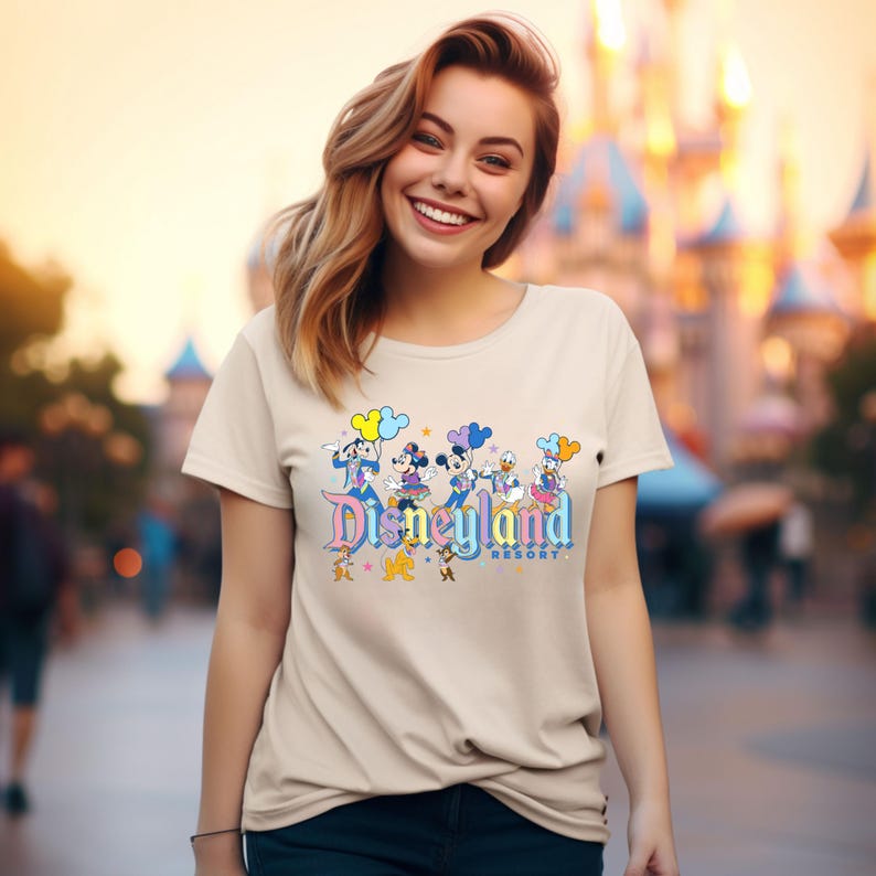 May include: A beige t-shirt featuring a colourful graphic of Mickey Mouse and his friends holding balloons. The graphic includes the text "Disneyland Resort".
