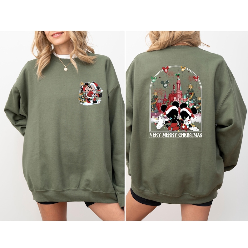 Two-Sided Mickey Minnie Christmas Shirt, Mickey's Very Merry Christmas Party Shirt, Disney Couple Christmas Sweater, Disneyland Castle Tee image 6