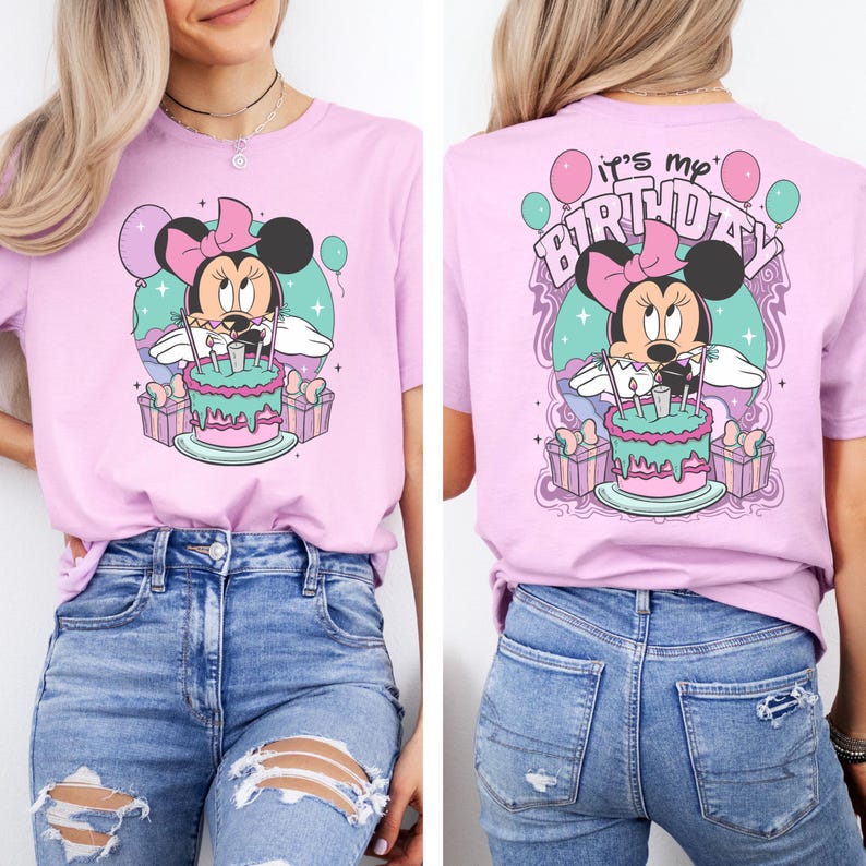 May include: Pink t-shirt with a graphic of Minnie Mouse holding a birthday cake with candles. The back of the shirt says "It's my Birthday".