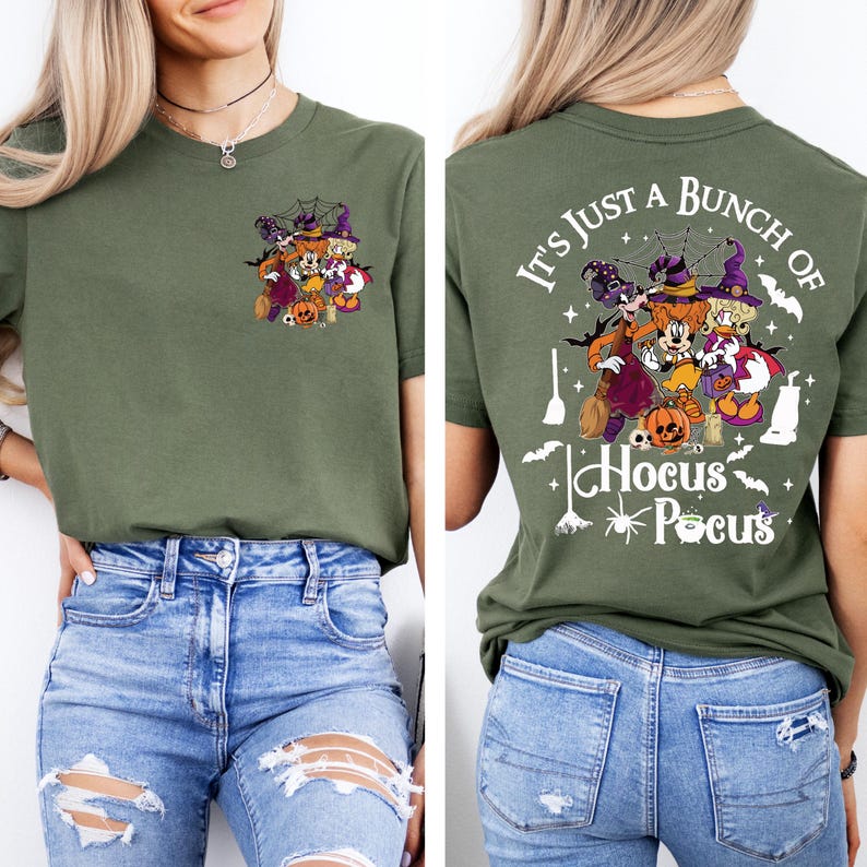 May include: A green t-shirt with a graphic of the Sanderson sisters from Hocus Pocus on the front and the text "It's just a bunch of Hocus Pocus" on the back.