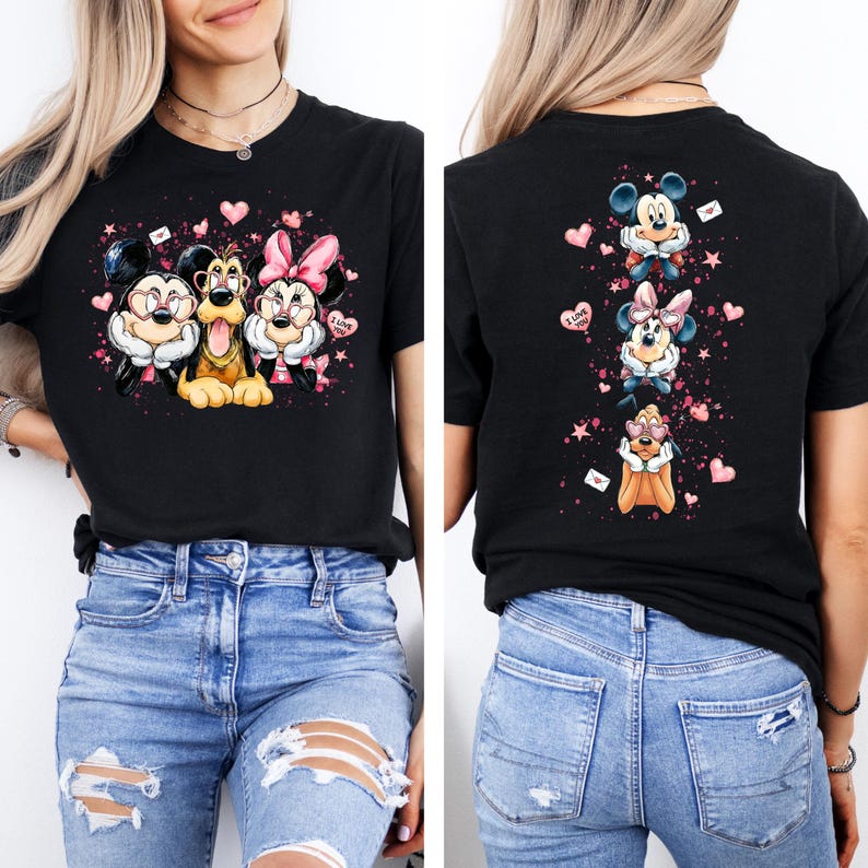 May include: Black t-shirt featuring Mickey Mouse, Goofy, and Minnie Mouse with pink hearts and the text "I Love You." The back of the shirt shows the characters again. A fun, romantic design.