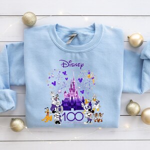 May include: Light blue sweatshirt with a purple and silver graphic of Cinderella's castle, fireworks, and Disney characters. The text "Disney 100 Years of Wonder" is printed below the graphic.