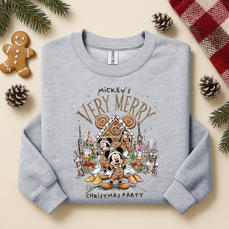 Puede incluir: Sudadera gris claro con un dise&ntilde;o festivo de Mickey Mouse y sus amigos celebrando la Navidad. El dise&ntilde;o incluye el texto "Mickey's Very Merry Christmas Party". Un hombre de jengibre y pi&ntilde;as est&aacute;n en el fondo.